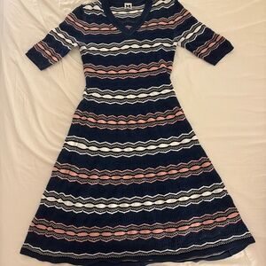 Missoni Navy V‑Neck Midi Dress with Pink and White Stripes